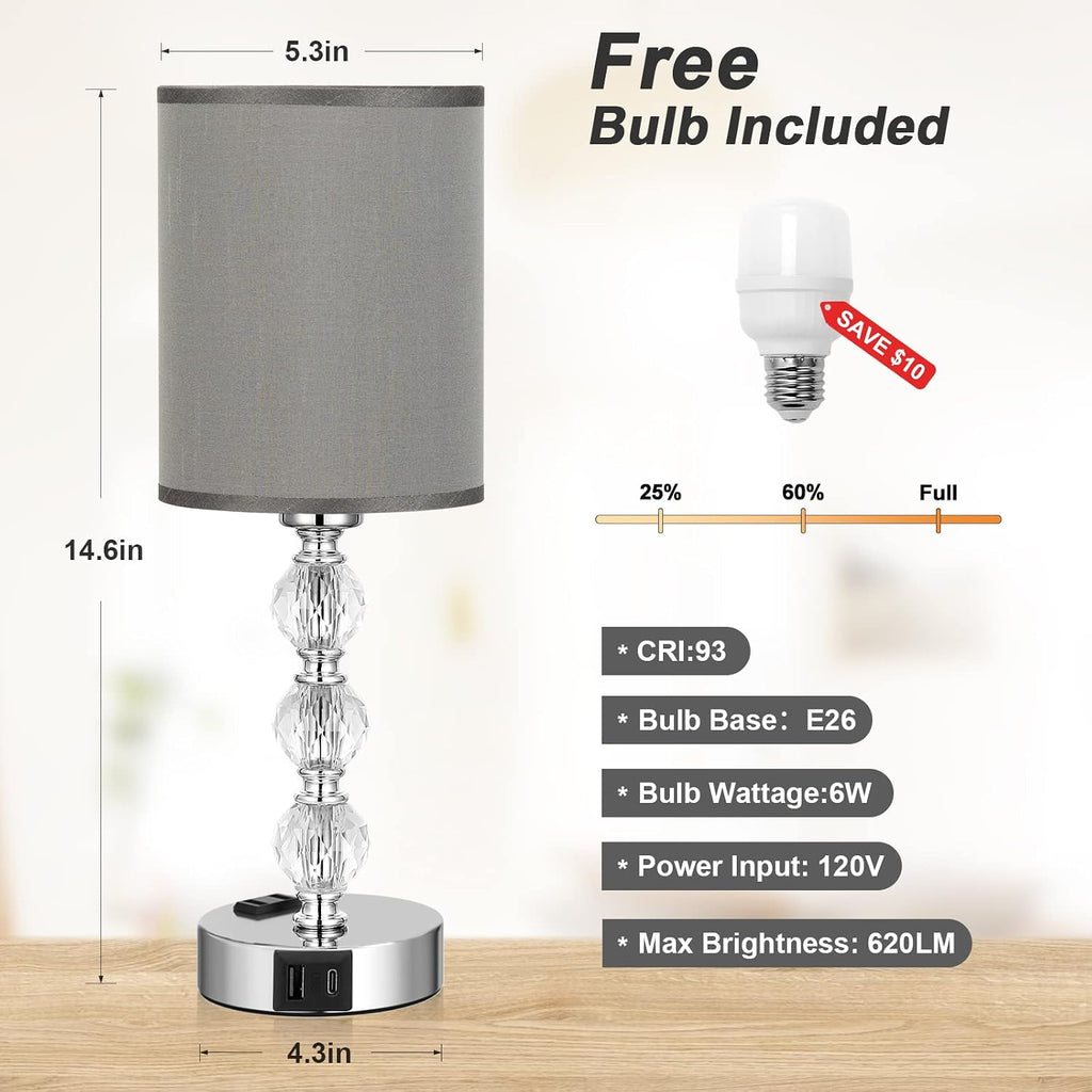 Grey Touch Bedside Lamps for Bedrooms - Crystal Table Lamp with USB C+A Charging Port and AC Outlet Nightstand, 3 Way Dimmable Silver…