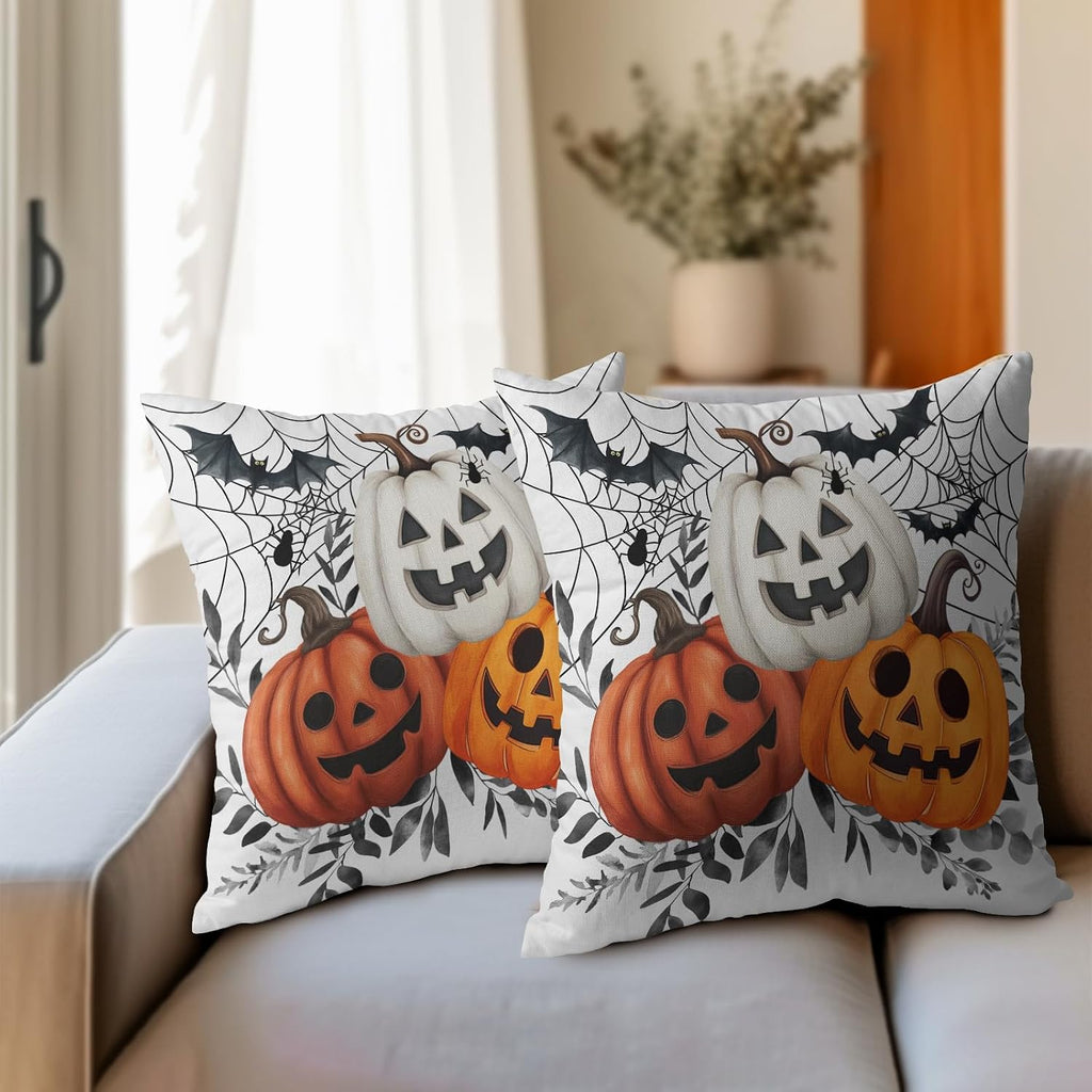 Halloween Pumpkin Throw Pillow Covers 24x24 Inch Pumpkins Jack-O-Lanterns with Black Bat Web Decorative Holiday Pillow Case Cotton Linen…
