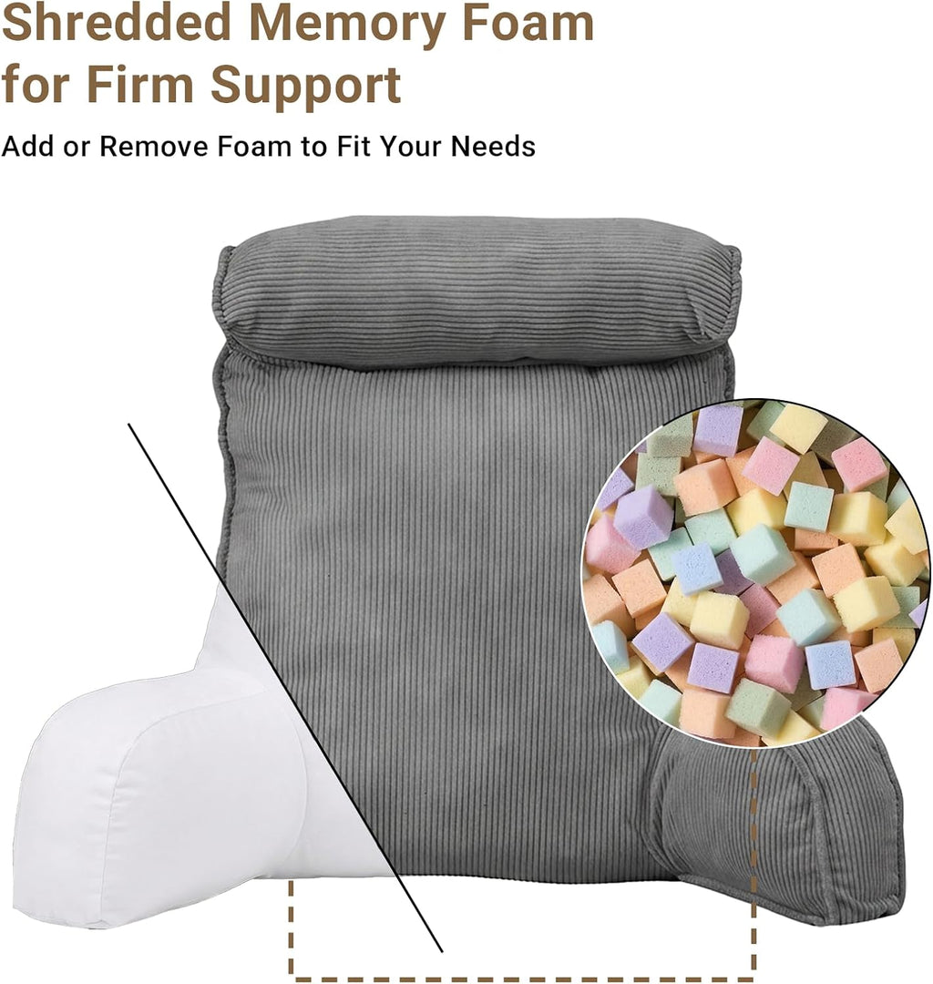 Reading Pillow for Bed with Detachable Neck Roll and Shredded Memory Foam, Back Pillow with Arms for Sitting Up, Washable Bed Rest Pillow…