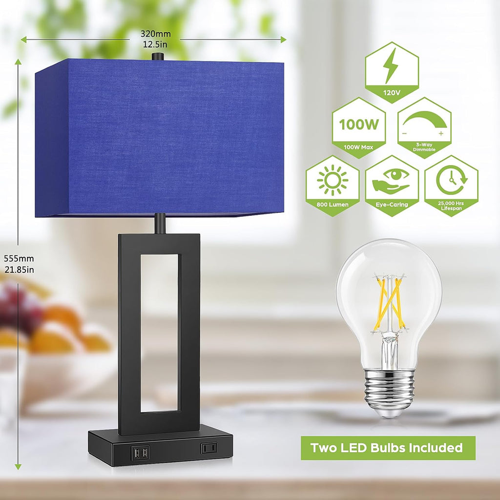 Tobusa Set of 2 Touch Control Table Lamps with 2 USB Ports&AC Outlet, 3-Way Dimmable Modern Nightstand Lamp Sets, Bedside Desk Lamps for Be…