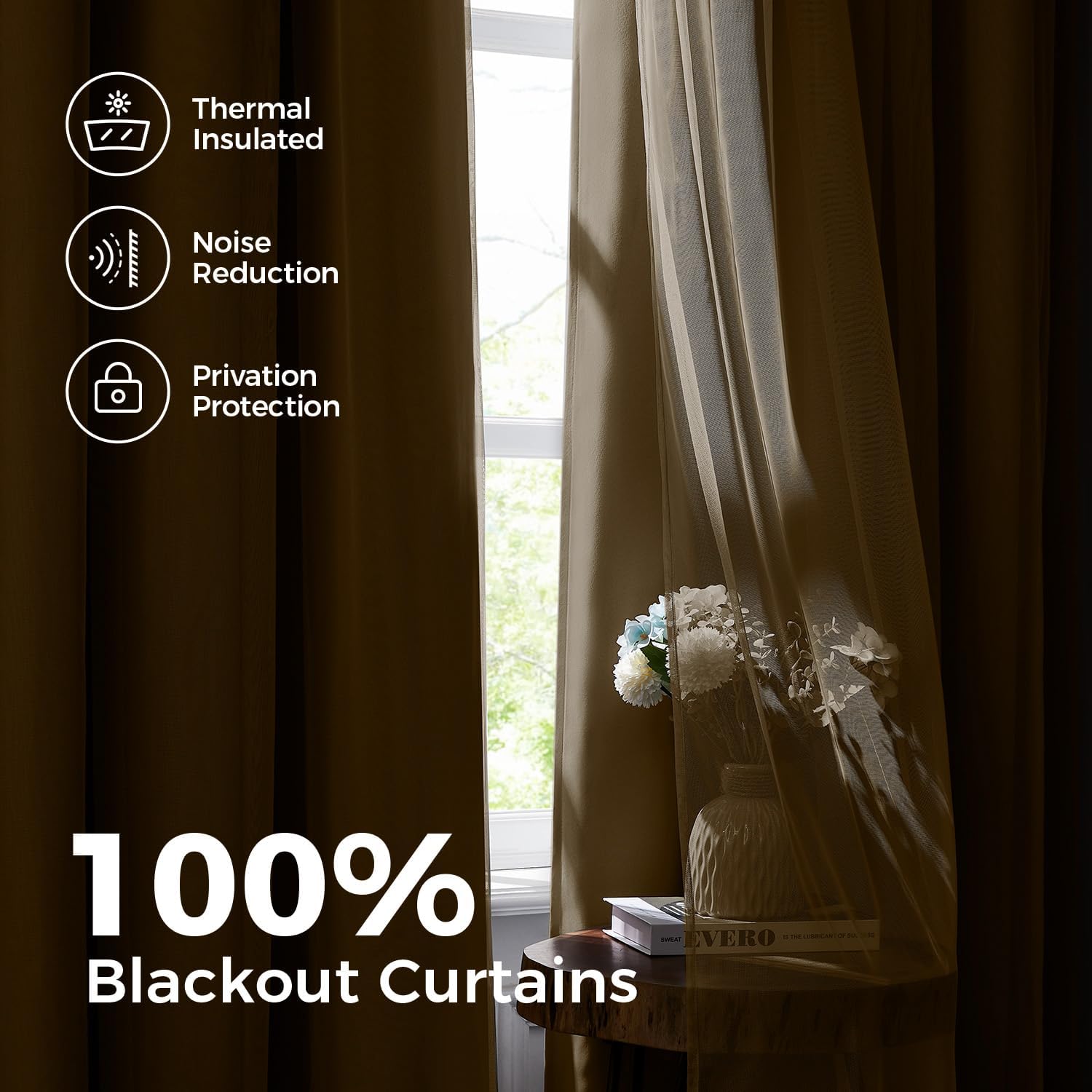Swandream Blackout Curtains for Bedroom, Double Layer Khaki Curtains, Black Out Curtain 90 inch Long with Sheer Overlay for Living Room, Ro…