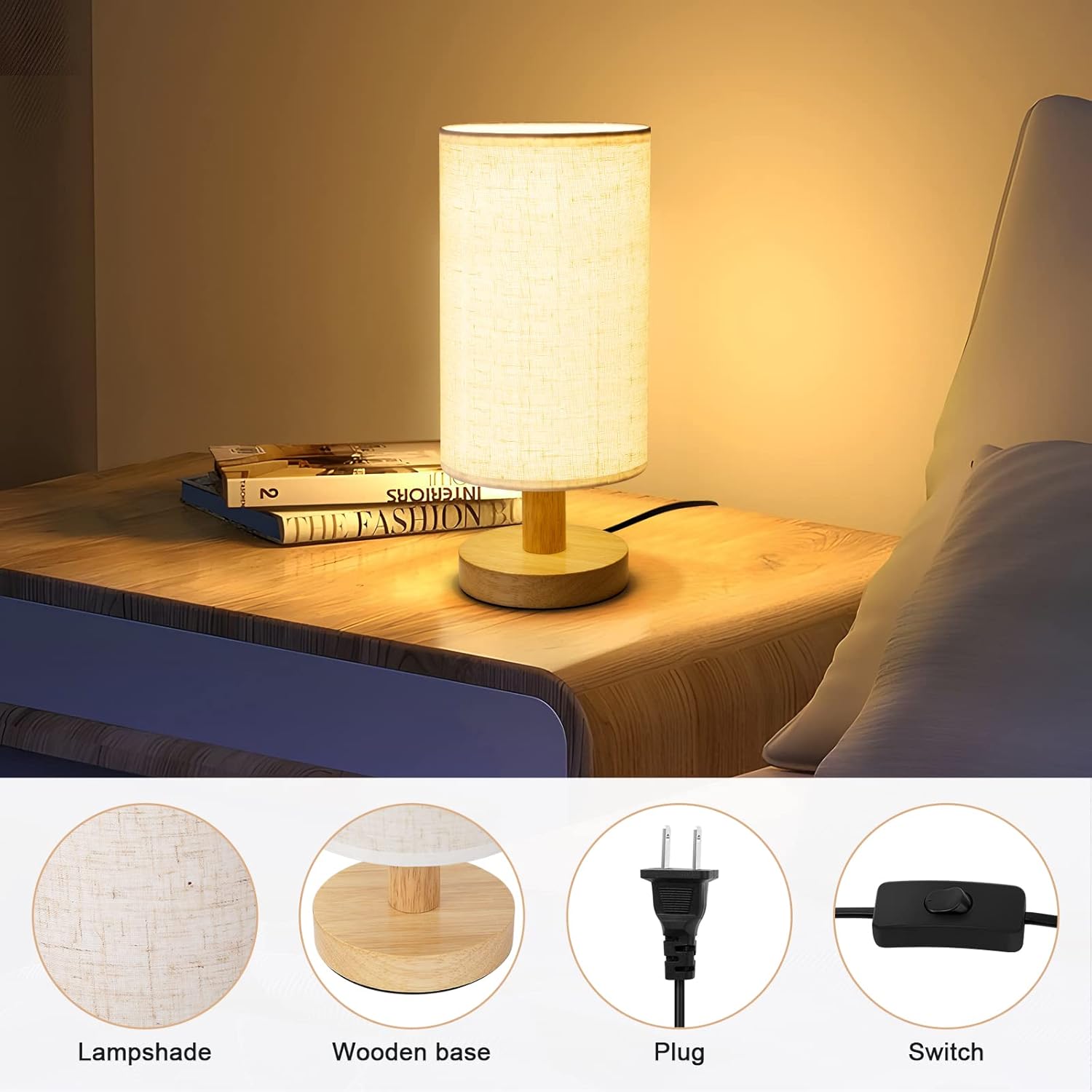 Small Bedside Table Lamp for Bedroom, Minimalist Wood Base & Round Fabric Shade, Mini Cute Cozy Warm White Nightstand Boho Lamp, Study…