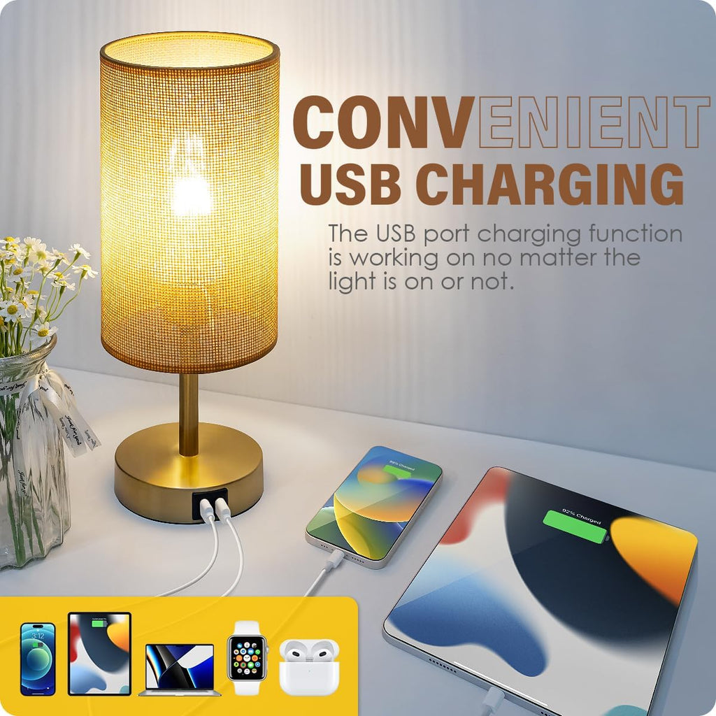 Yarra-Decor Bedside Lamp with USB Port - Touch Control Table Lamp for Bedroom Wood 3 Way Dimmable Nightstand Lamp with Round Flaxen…