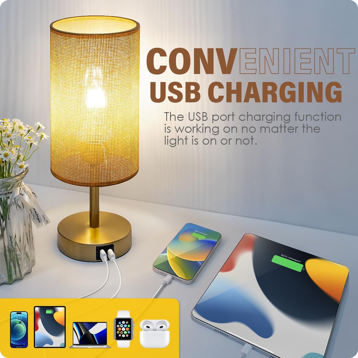 Yarra-Decor Bedside Lamp with USB Port - Touch Control Table Lamp for Bedroom Wood 3 Way Dimmable Nightstand Lamp with Round Flaxen…