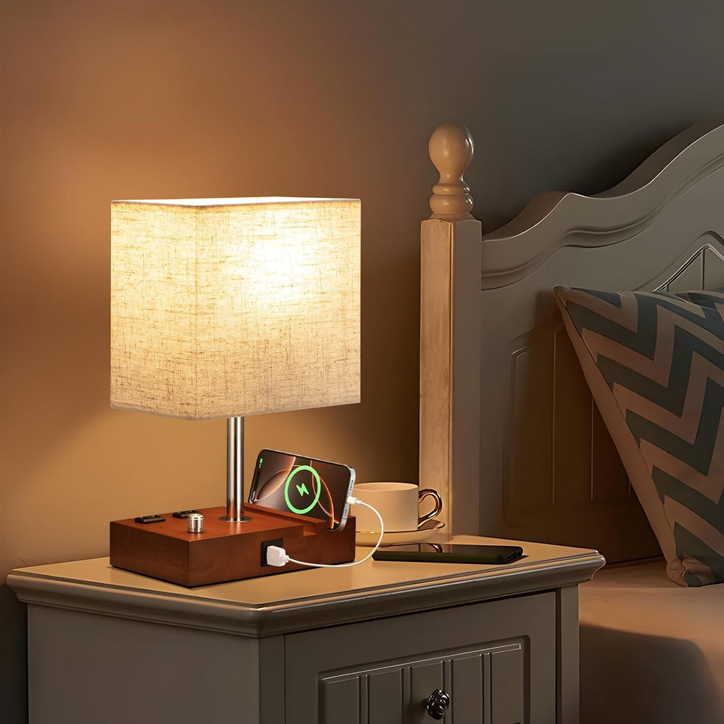 Kakanuo Fully Dimmable Nightstand Lamp for Bedroom with USB C Ports, Small Bedside Table Lamp with Charging Outlets and Phone Stands…