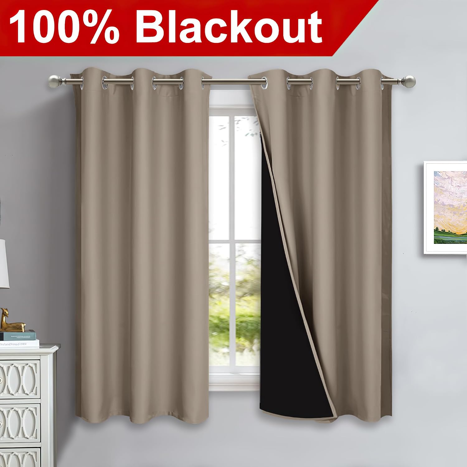 Nicetown 100% Blackout Curtains with Black Liners, Solid Thermal Insulated Full Blackout 2-Layer Lined Drapes, Energy Efficiency Window Dra…