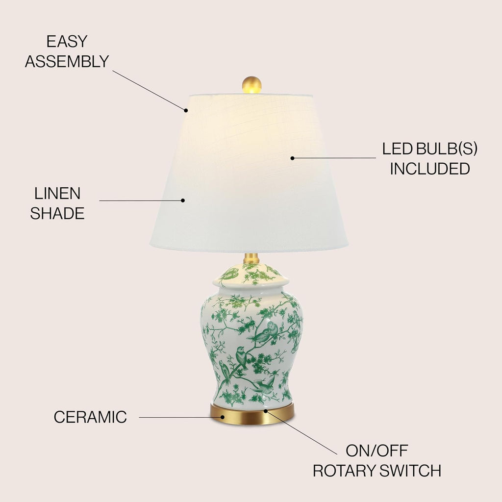 JONATHAN Y 22" White/Green Ceramic Table Lamp, French Country Chinoiserie Ginger Jar LED Bedside Lamp for Living Room Bedroom, White…