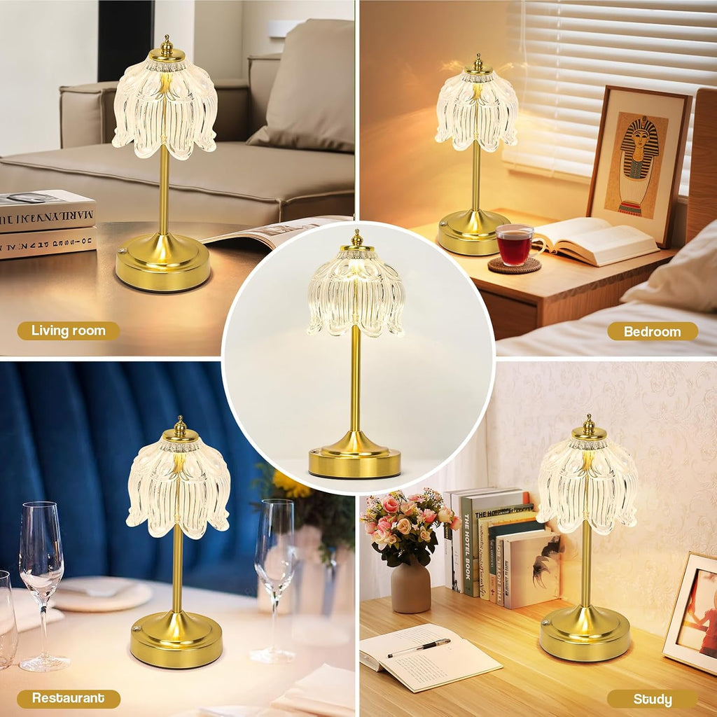 Cordless Lotus Flower Table Lamp, 5200mAh Rechargeable Battery Operated Portable Lamp, 3-Color Dimmable Touch Control Small Desk Lamp for…