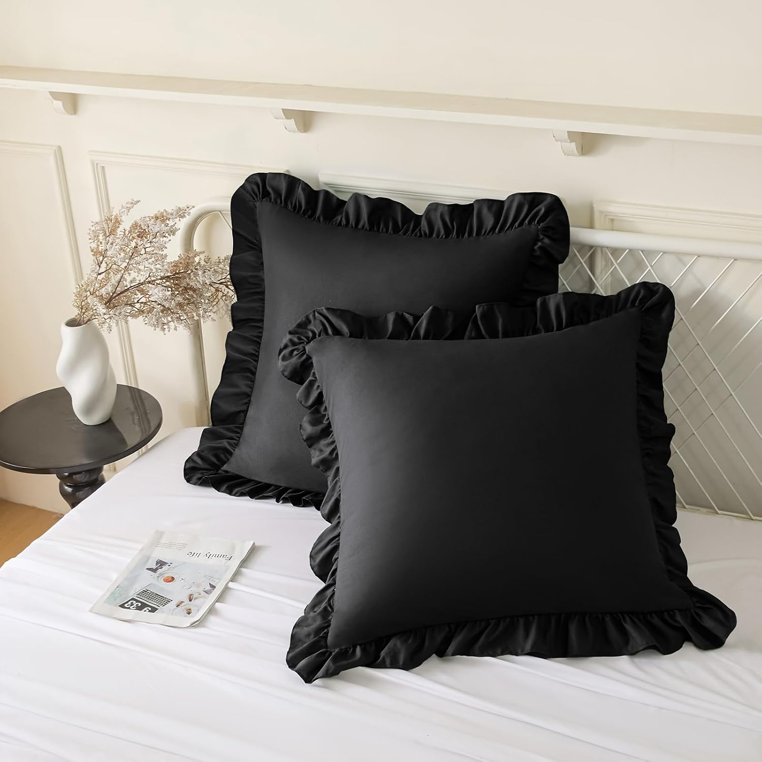 KKJIAF Ruffle Pillow Cases 22x22 Inches, Black Square Ruffled Pillow Covers Set of 2, Microfiber Wrinkle Resistant Pillow Shams with…