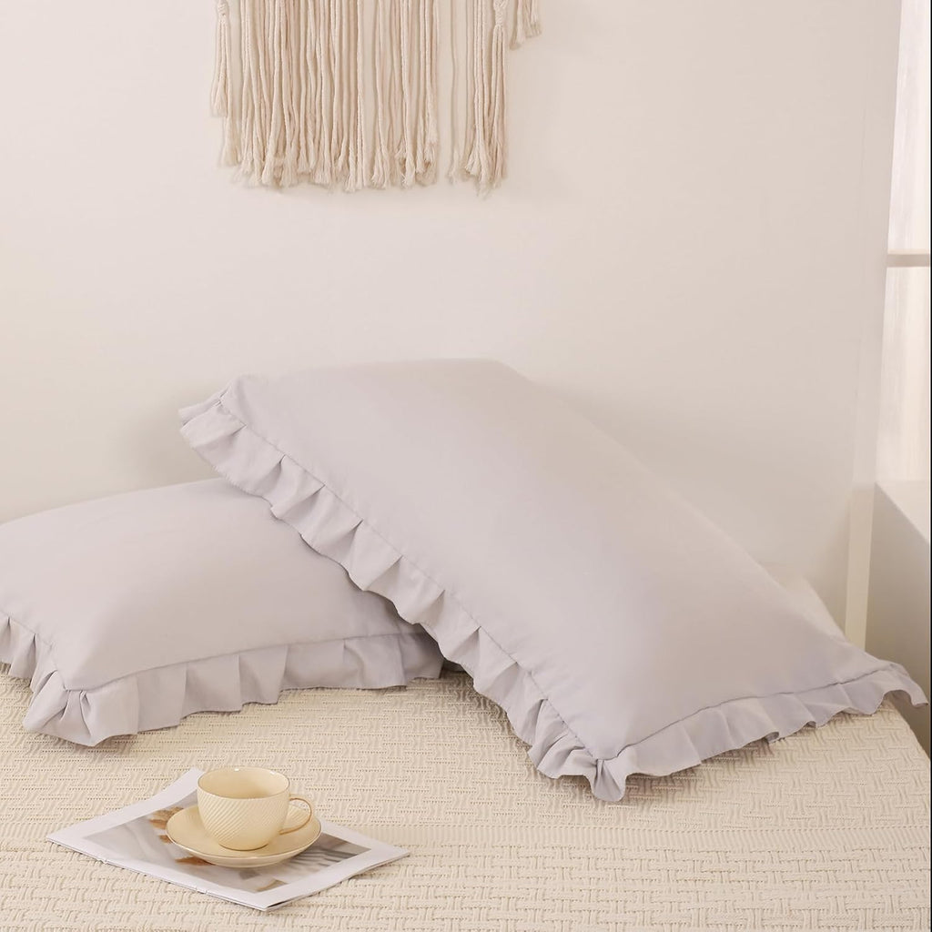 Merryword Beige Gray Pillow Shams Cute Ruffle Queen Pillowcases Solid Pillow Cover Set of 2 Shabby Chic Soft Light Gray Pillowcases 2 Pack…