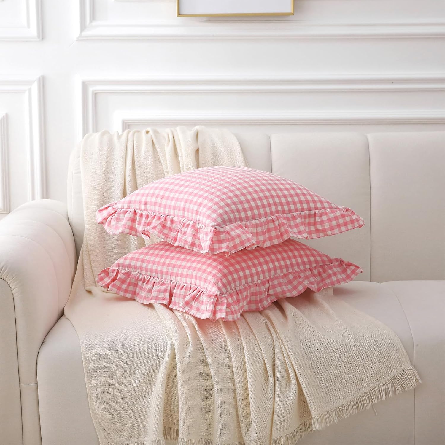 Kmasaniji 2 Pack Coral Pink White Plaid Ruffle Gingham Throw Pillow Covers, 100% Washed Cotton Checkered Coquette Decorative Pillow Shams f…