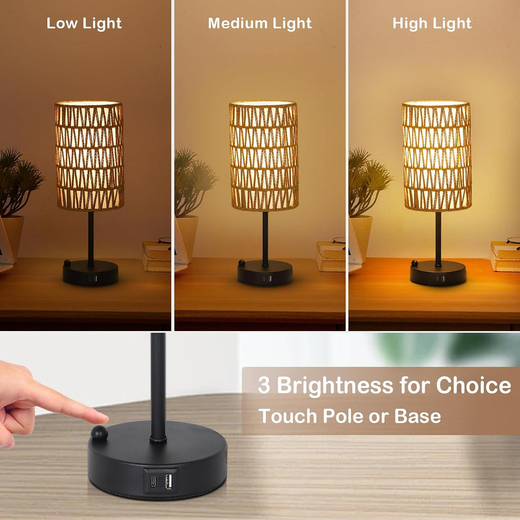 Touch Table Lamp Set of 2 For Bedroom with Bulb, Boho Small Desk Lamp For Living Room With Rattan & Linen Shade, 3 Way Dimmable Bedside…