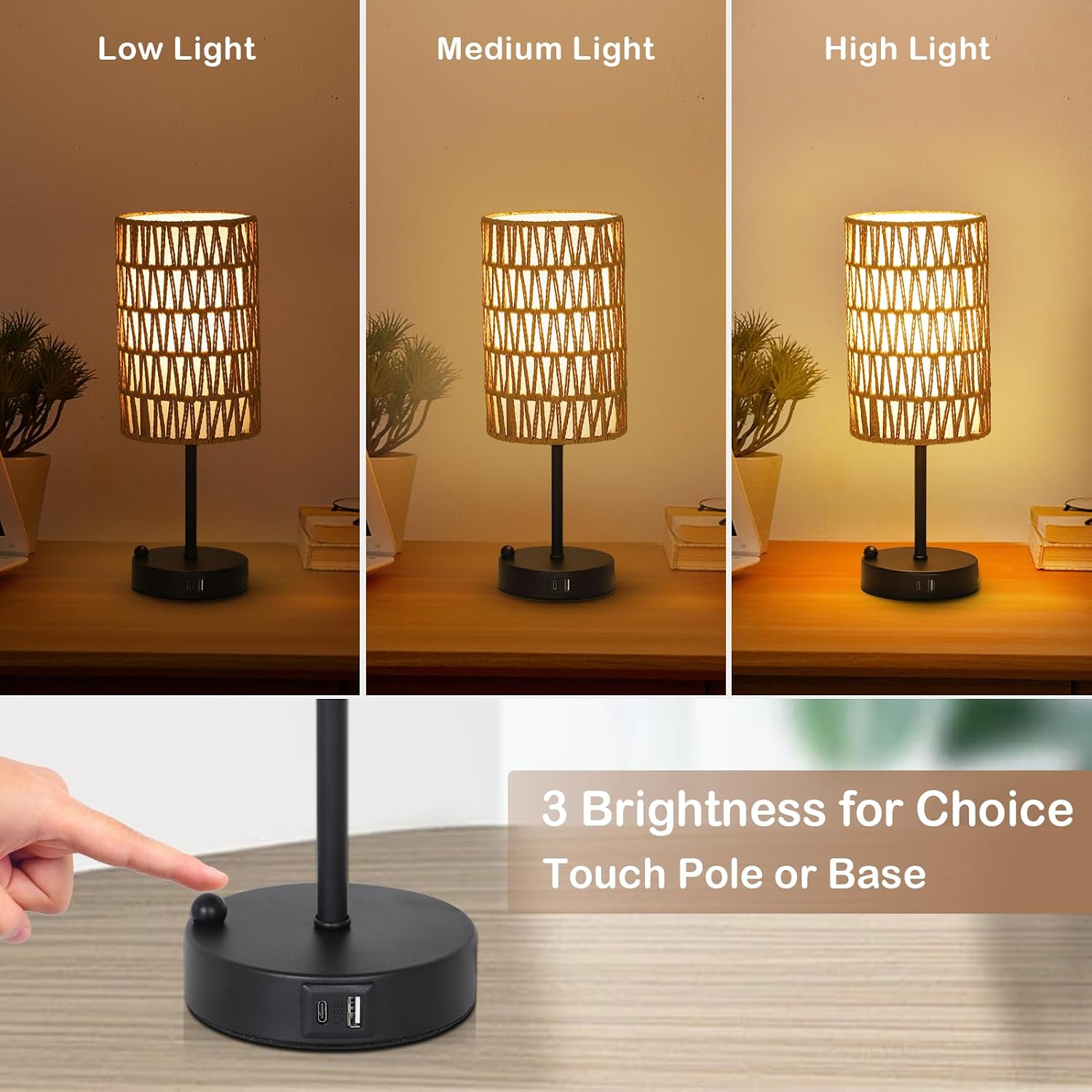 Touch Table Lamp Set of 2 For Bedroom with Bulb, Boho Small Desk Lamp For Living Room With Rattan & Linen Shade, 3 Way Dimmable Bedside…
