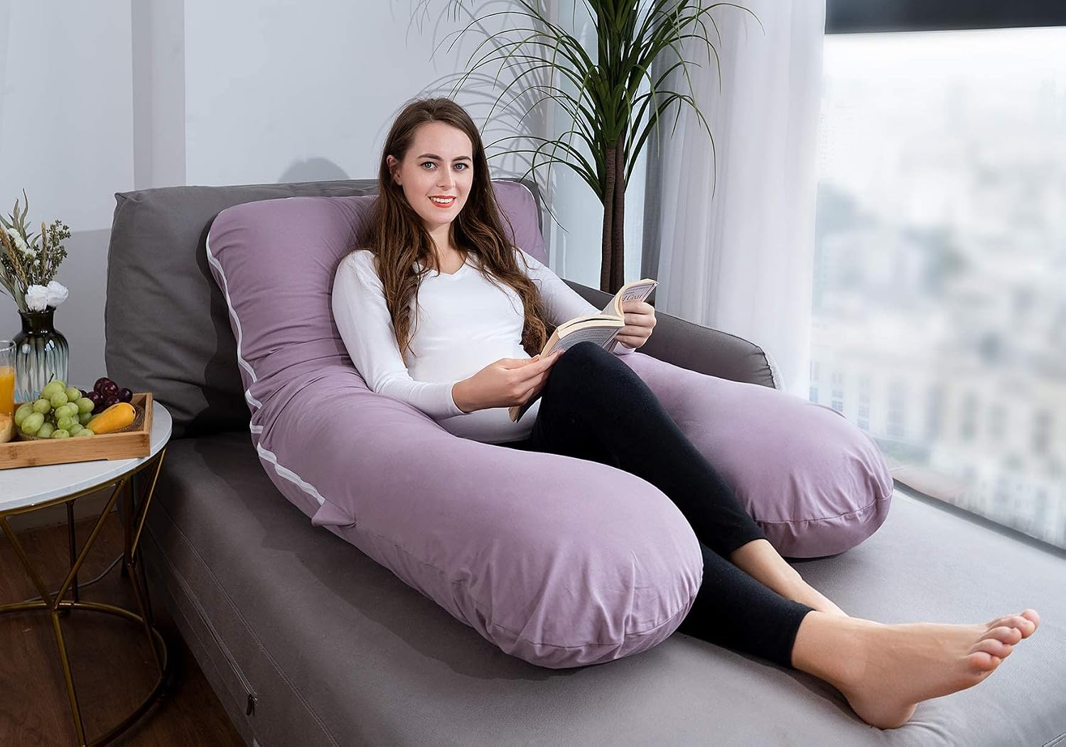 Meiz U Shaped Sleeping, Cooling 60‘’ Maternity Pillow for Pregnant Women with Jersey Cover, Purple 1 Count 60 Inch Cotton