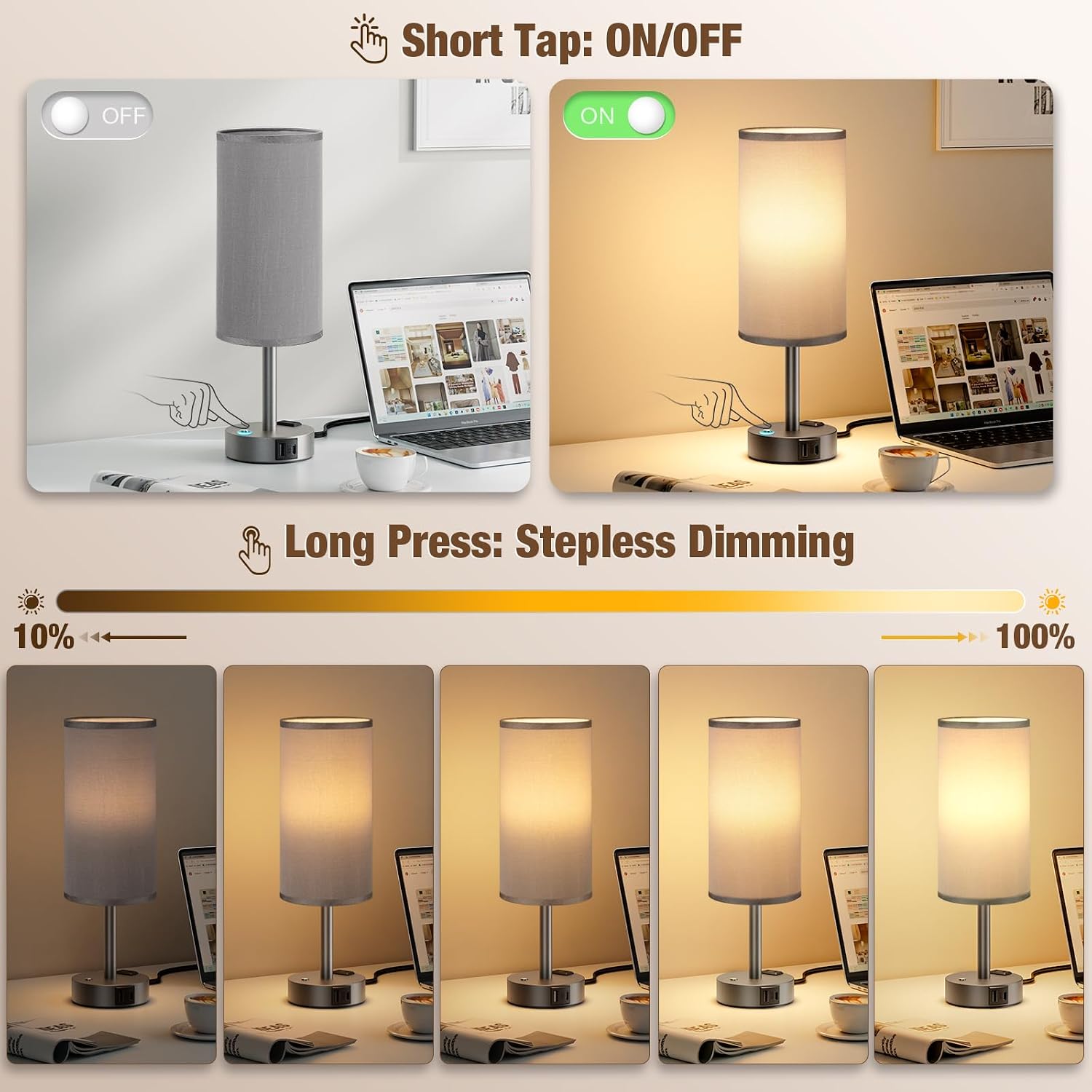 Aooshine Touch Bedside Table Lamp with Memory - Stepless Dimmable Lamp for Bedroom, Small Nightstand Lamp with Dual USB Charging Ports and…