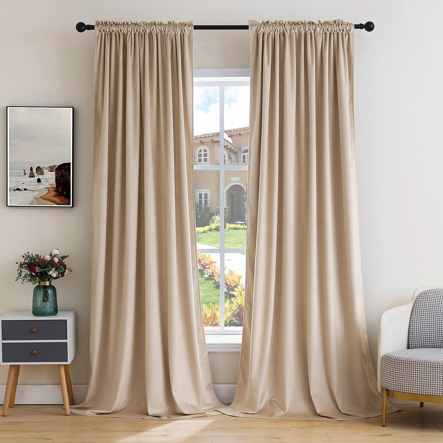 MIULEE Camel Beige Velvet Curtains Thermal Insulated Blackout Curtain Drapes for Bedroom Living Room Darkening 90 Inches Long Curtains…