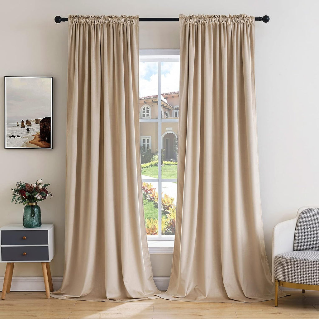 MIULEE Camel Beige Velvet Curtains Thermal Insulated Blackout Curtain Drapes for Bedroom Living Room Darkening 72 Inches Long Curtains…