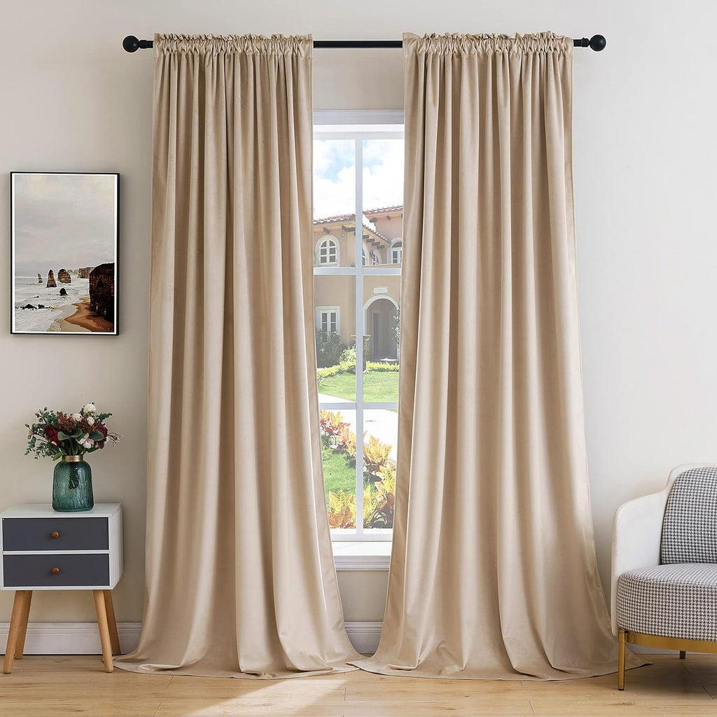 MIULEE Camel Beige Velvet Curtains Thermal Insulated Blackout Curtain Drapes for Bedroom Living Room Darkening 108 Inches Long Curtains…