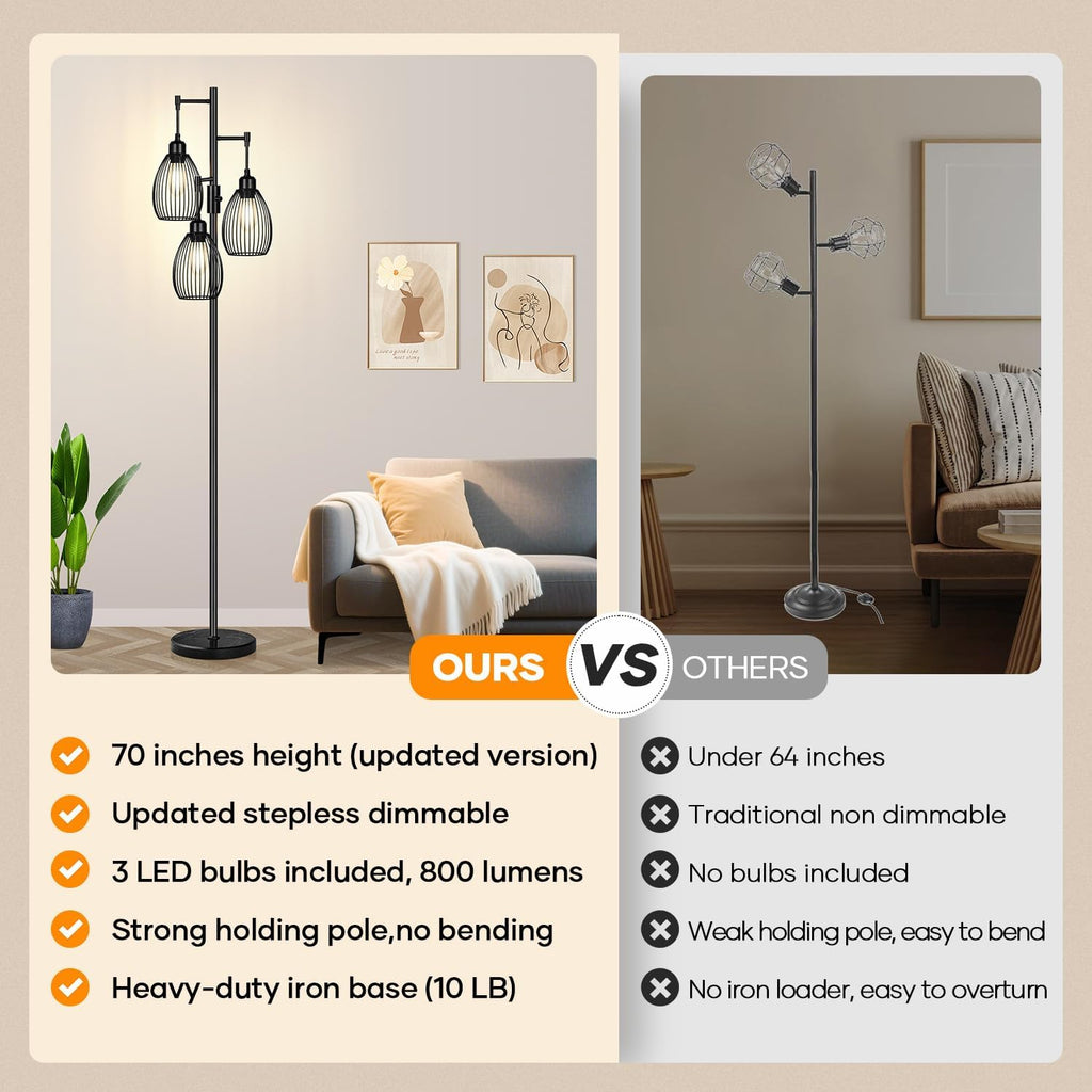 Dimmable Floor Lamp,3x800LM LED Bulbs Included, Farmhouse Industrial Floor Lamp Standing Tree Lamp with Teardrop Cage Head Tall Lamp for…