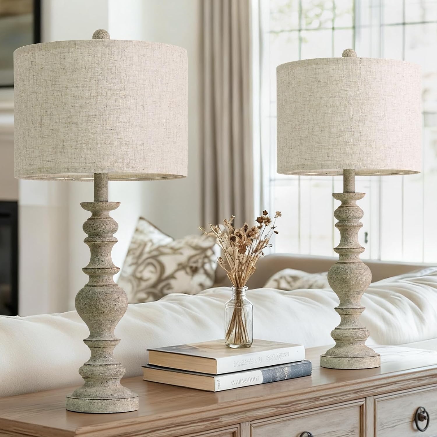 BOBOMOMO 27" Antique Gray Table Lamps Set of 2, Large Farmhouse Resin Lamps with Linen Shades, Vintage Gray Lamps for Living Room…