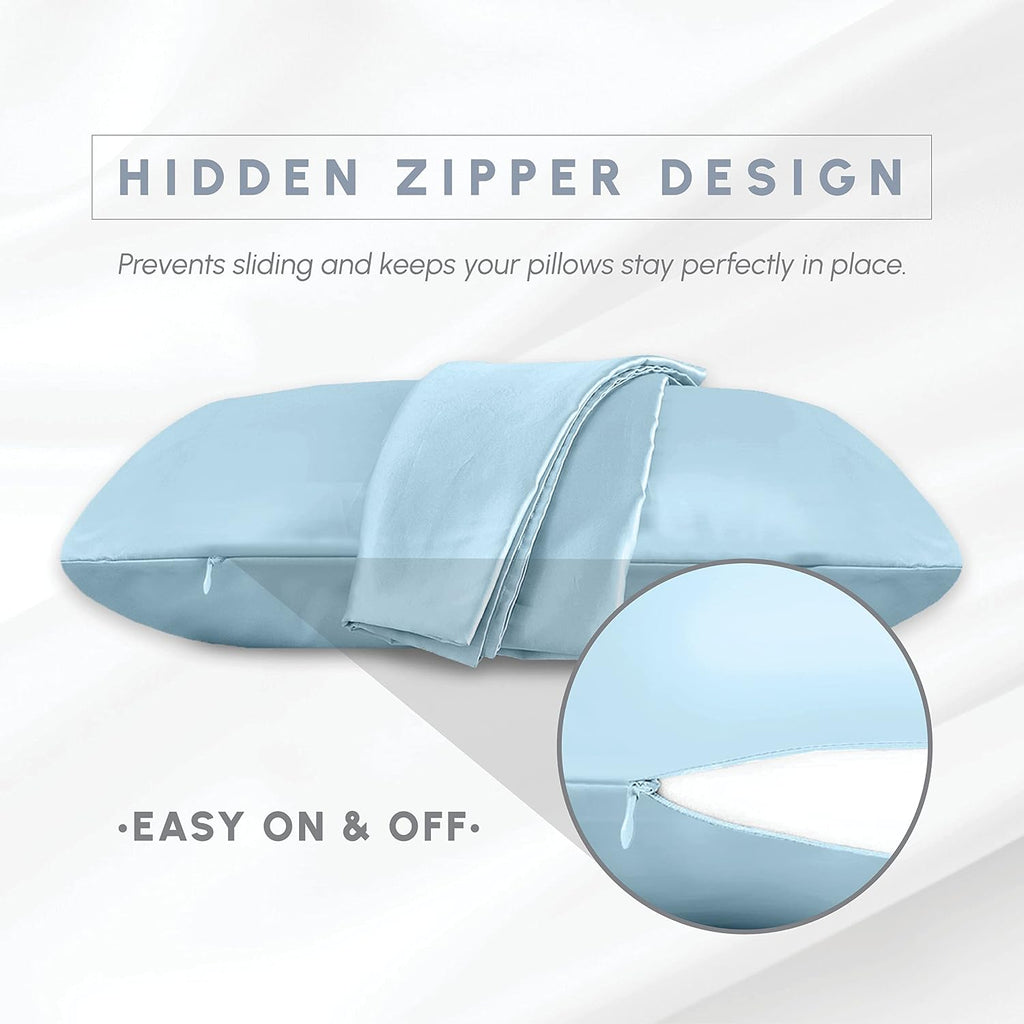 Elegantcomfort Elegant Comfort 2-Pack King Size Baby Blue Satin Pillowcase Set with Hidden Zipper Closure, 20" x 40" Blue