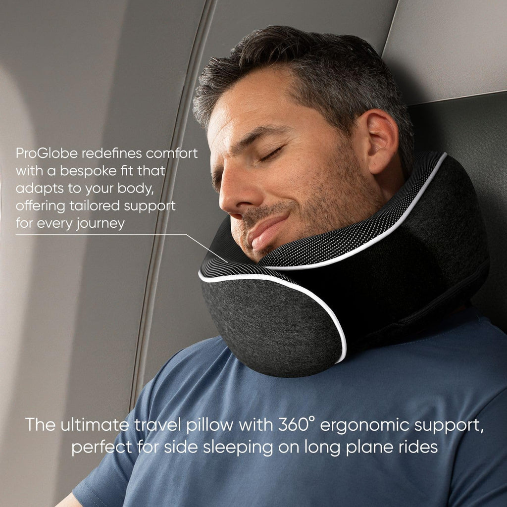 Proglobe Travel Neck Pillow 100% Memory Foam – Airplane & Car Travel Essentials Kit with 3D Eye Mask, Earplugs & Mesh Bag – Sleeping…