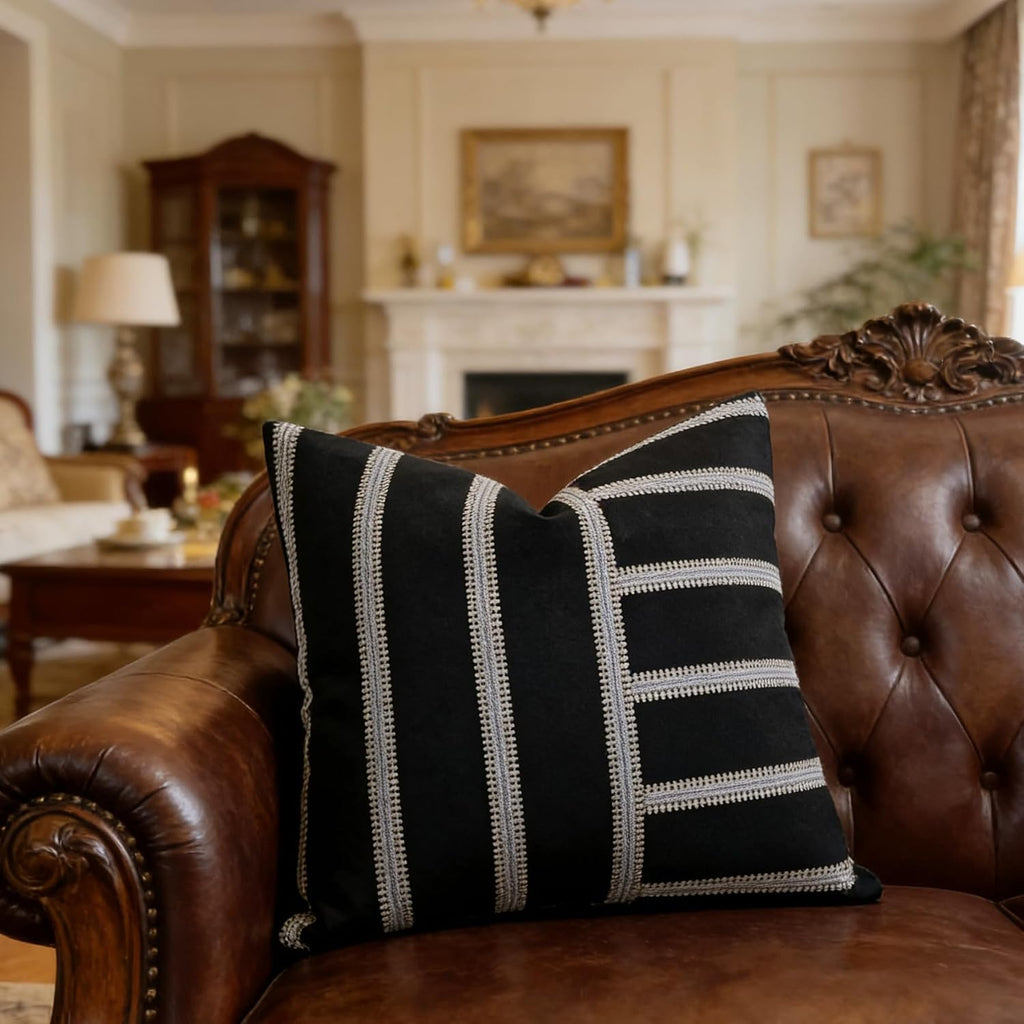 Slow Cow Linen Black and Off White Jacquard Textured Woven Stripe Patchwork Throw Pillow Cover Square 18 x 18 Inches