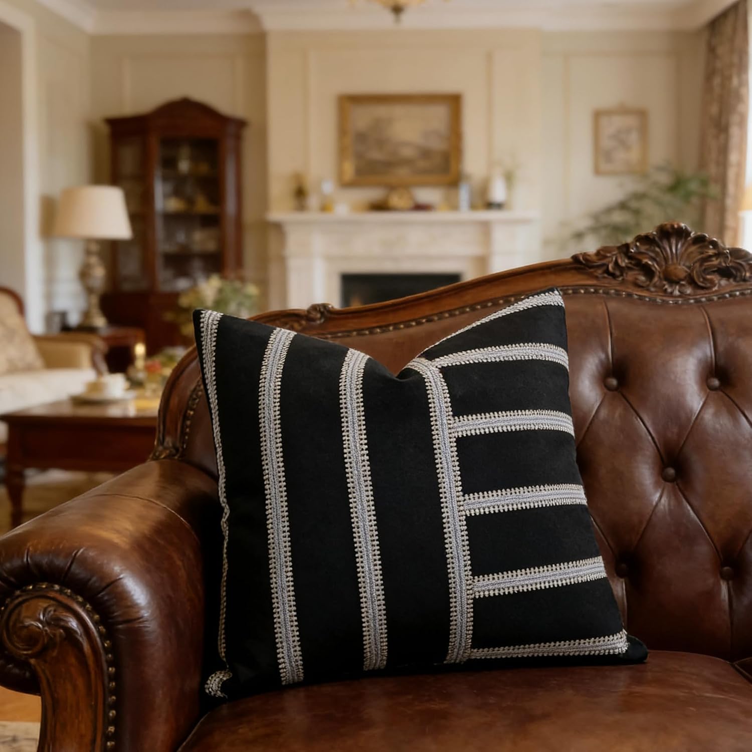 Slow Cow Linen Black and Off White Jacquard Textured Woven Stripe Patchwork Throw Pillow Cover Square 18 x 18 Inches
