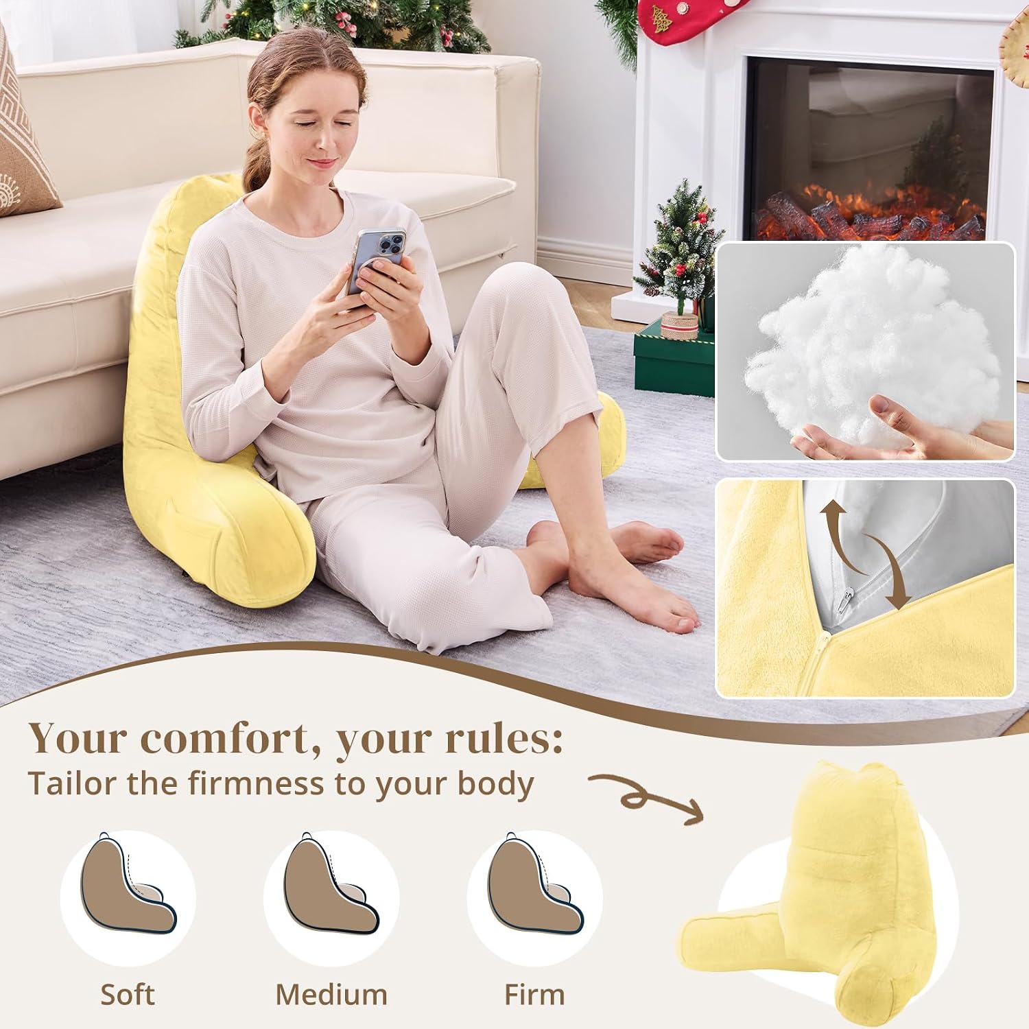Sasttie Reading Pillow, Pillows for Reading or Relaxing – Ergonomic Support for Head, Neck, Back, and Lumbar, 23-Inch, Light Yellow
