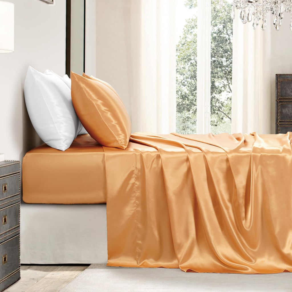 Golal Satin Sheets King Size - 4 Pieces Luxury Silky Soft Bed Sheets, Wrinkle-Free Gold Satin Silk Sheet Set with 1 Deep Pocket Fitted Shee…
