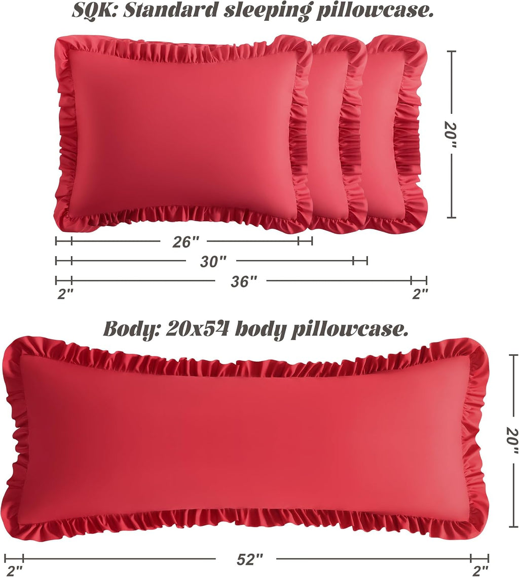 Bedsum Ruffled Pillow Shams King 20x36 Set of 2, Brushed Microfiber Pillowcases with Envelope Closure, Soft Wrinkle-Resistant, Red Red