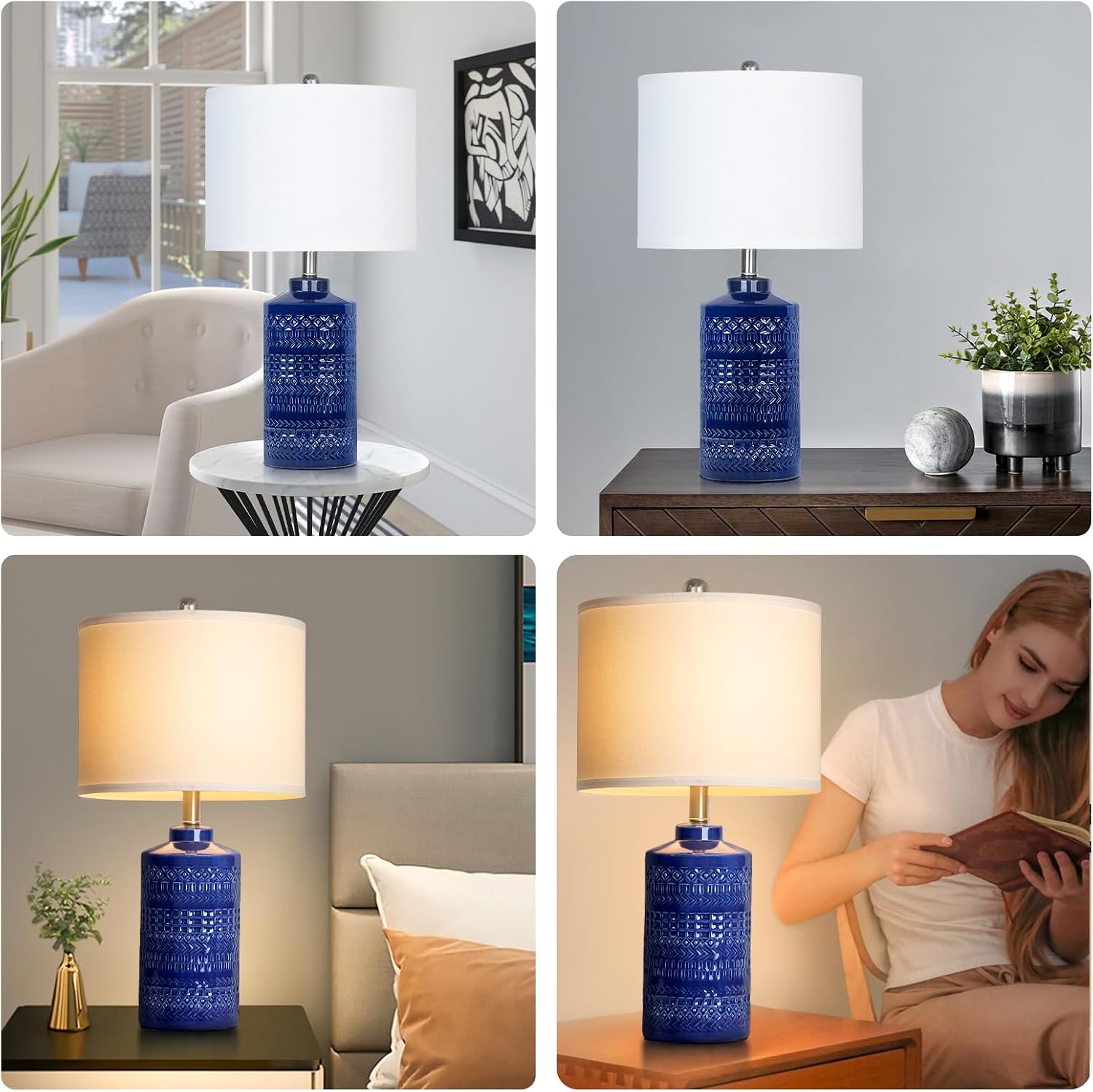 JUNNAI 24.5" Navy Blue Table Lamp Modern Bedside Ceramic Lamps for Living Room 3-Way Dimmable Entryway Nightstand Farmhouse Lamp for Home…