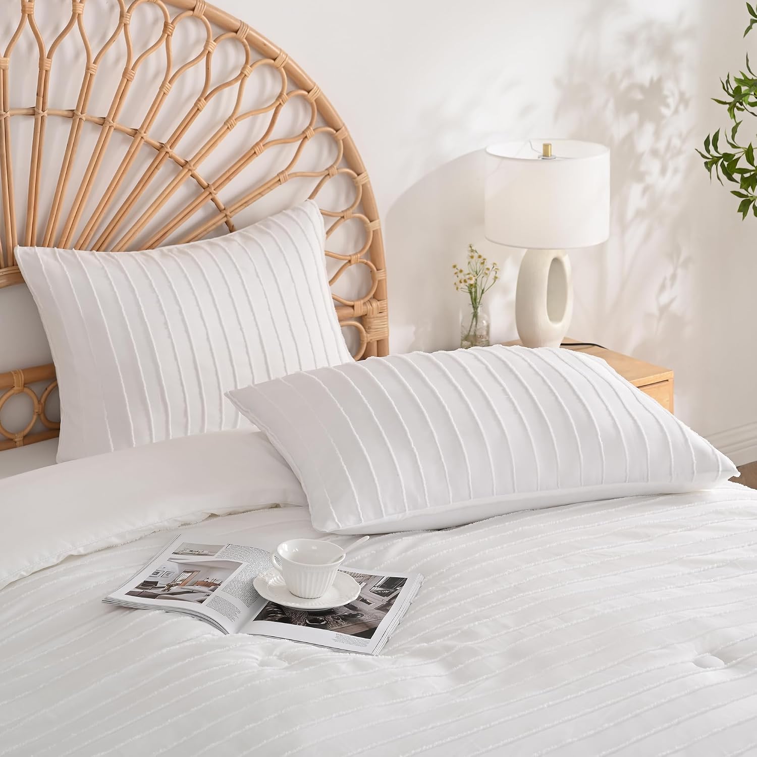 Jellymoni 2 Pack White Pillowcases Standard Size, Soft Microfiber Striped Tufted Pillow Covers with Envelope Closure (Pillows are not Inclu…