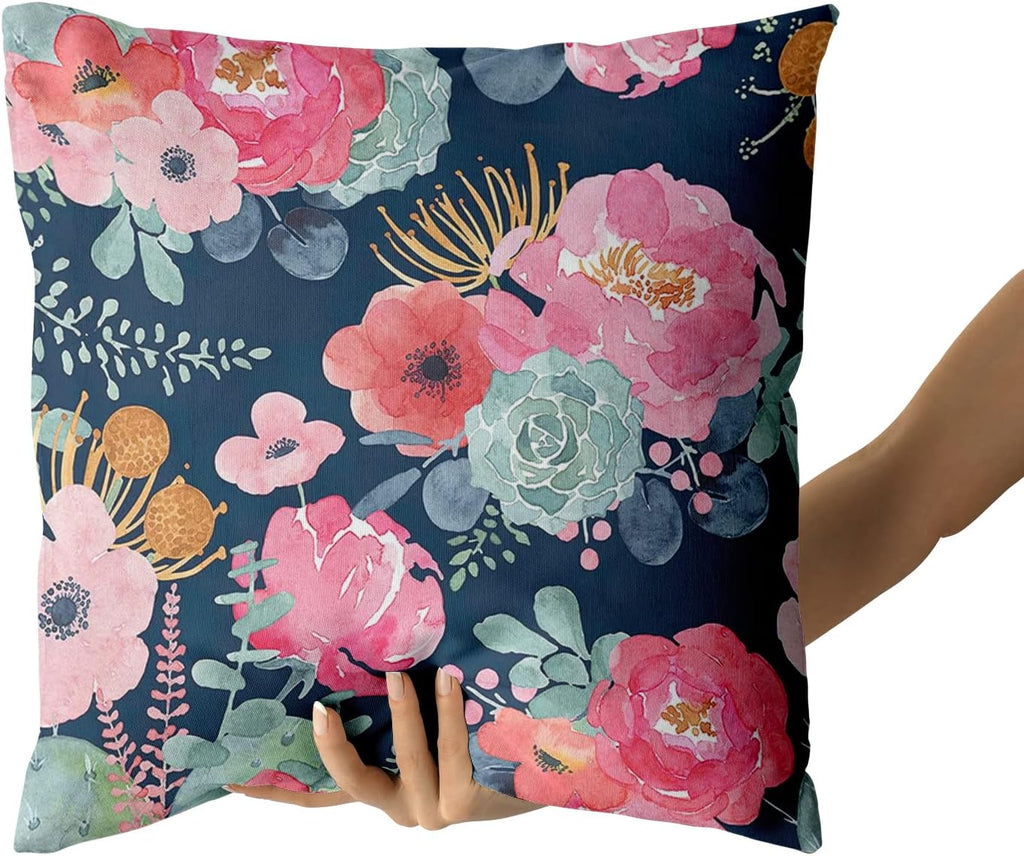 Granbey Watercolor Flower Throw Pillow Cover 24x24 Inch Pink Peony Floral with Green Leaf Decorative Pillow Cases Summer Navy Blue Cushion…