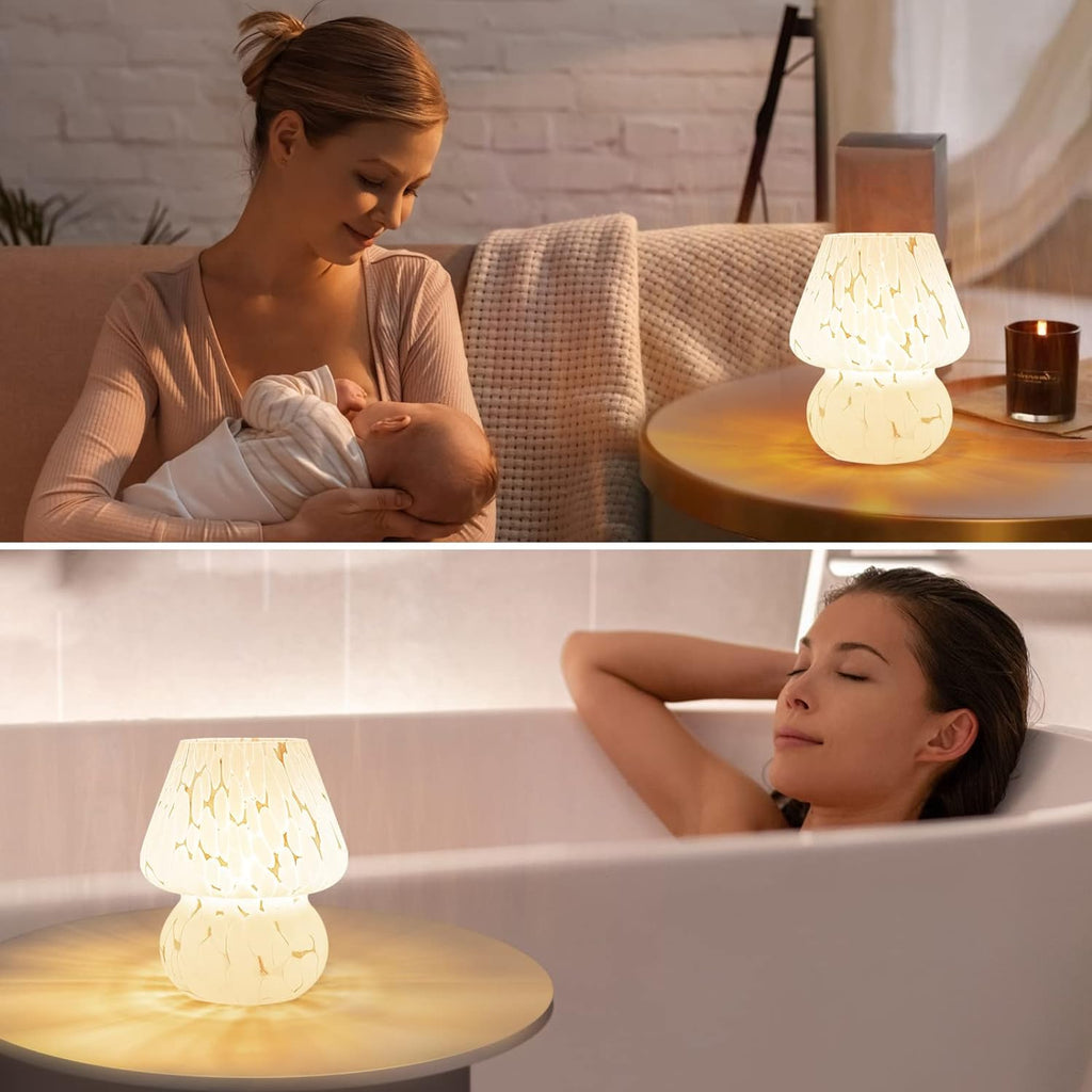 ONEWISH Mushroom Lamp Small Bedside Table Lamp-Nightstand Nightlight Dimmable Stepless, Translucent Glass White Desk Lamp for Bedroom…
