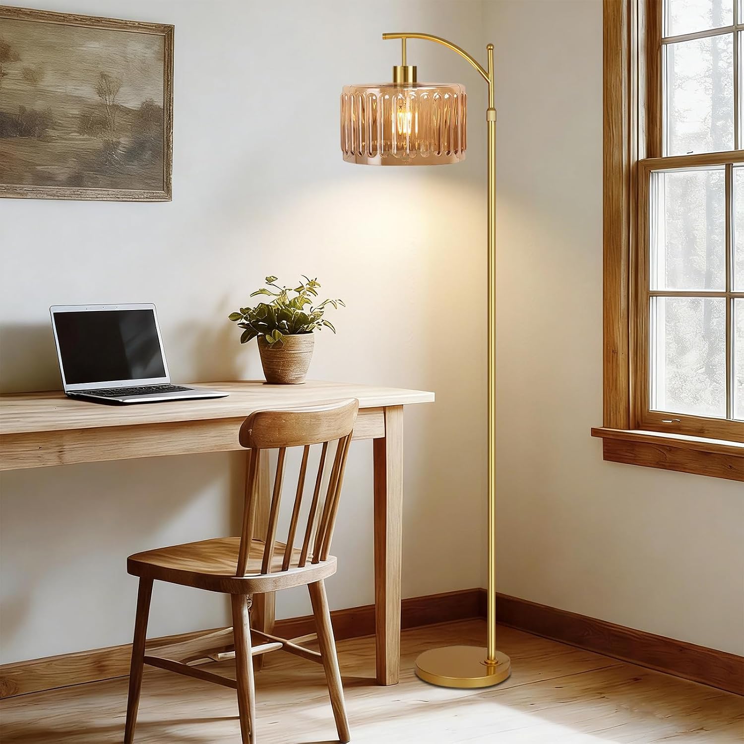 QIYIZM Glass Floor Lamp for Living Room, Bedroom, Gold Dimmable Standing Lamp with Remote, Mid Century Modern Brass Tall Lamp Boho Vintage…