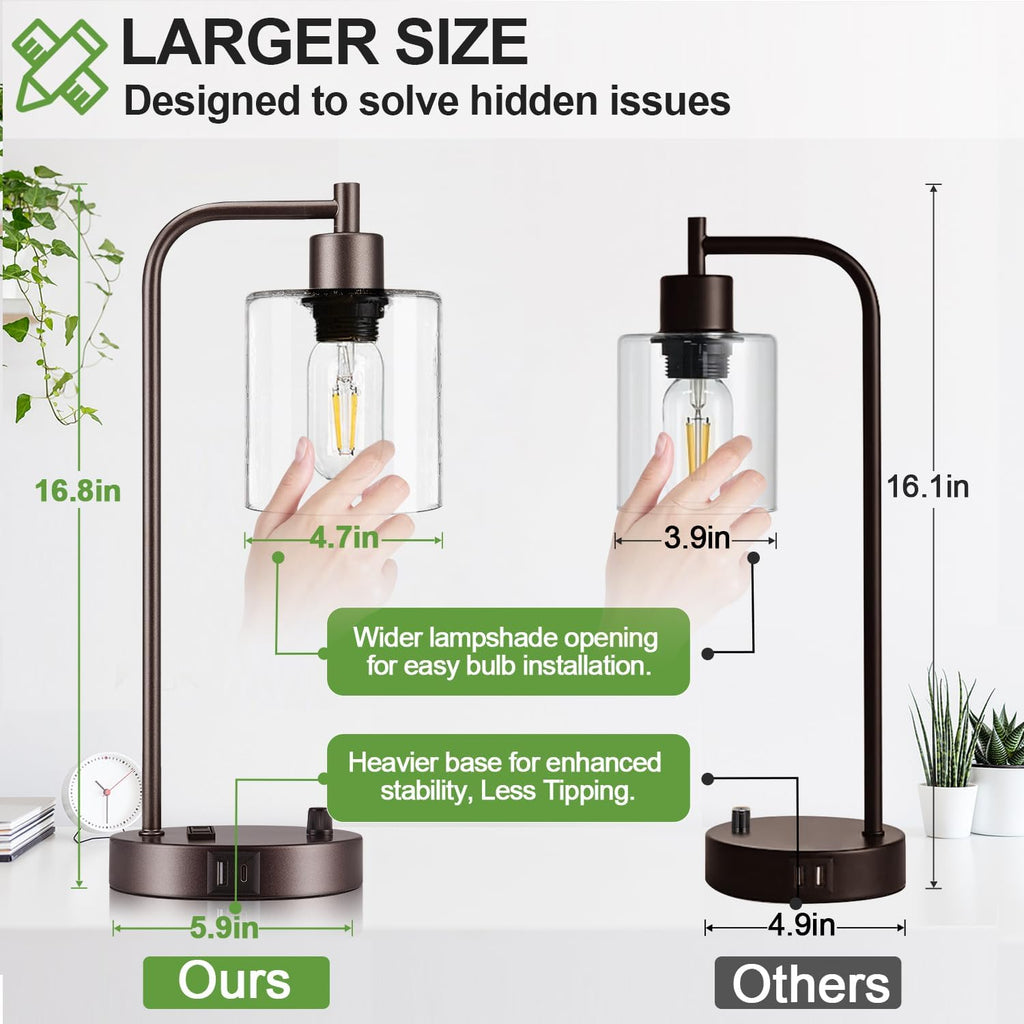Lynnoland Set of 2 Oil Rubbed Bronze Table Lamps with USB C+A Ports and Outlet, Fully Stepless Dimmable Bedside Lamps, Industrial Desk…