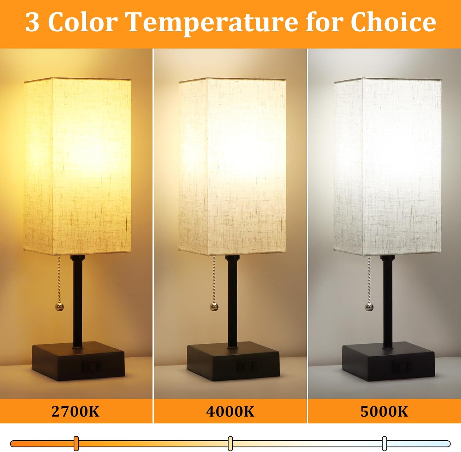 Table Lamp for Bedroom set of 2,3-Color Bedside Lamps with Pull Chain Table Lamps for Nightstand with AC Outlets, Night Light Lamps with 2…