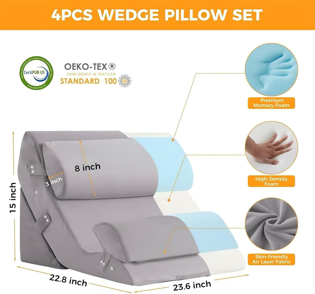 Ruqmuis 4PCS Wedge Pillow Set for After Surgery, Adjustable Back Pillow for Bed Sitting up, Acid Reflux, Bed Wedge Pillow Headboard for Sle…