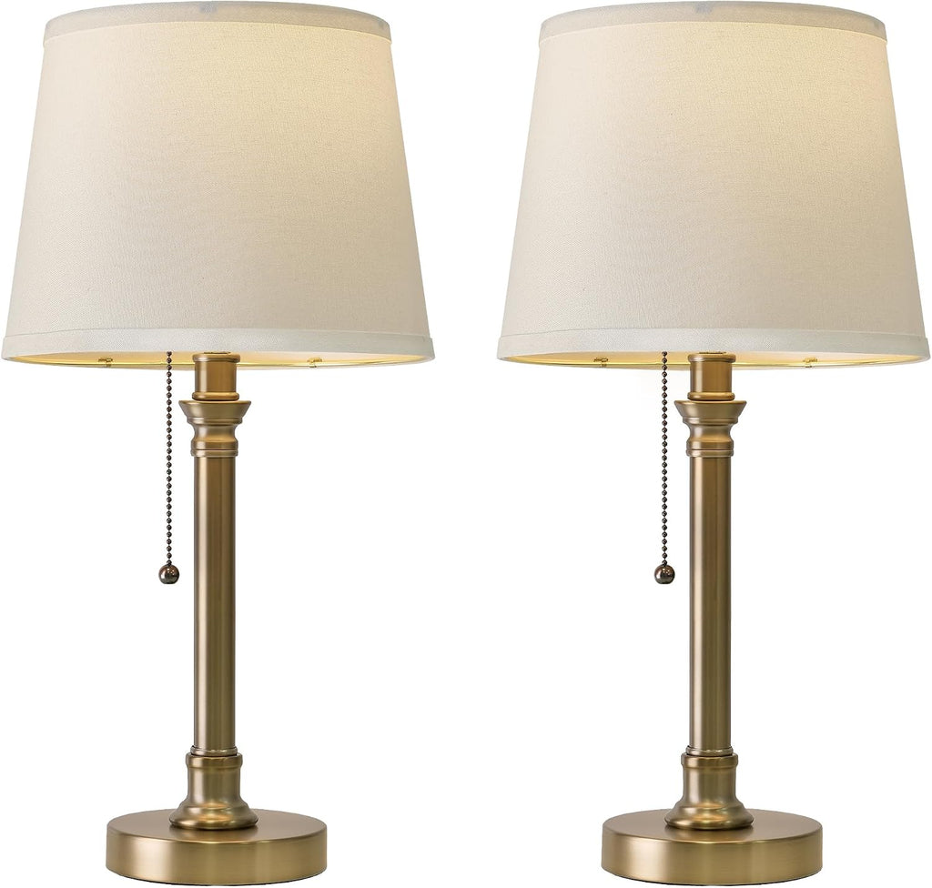 Oneach 19.5” Warm Gold Table Lamps Set of 2, Pull Chain Switch Bedside Table Lamps, Modern Nightstand Lamp with Linen Shade, Small Desk…