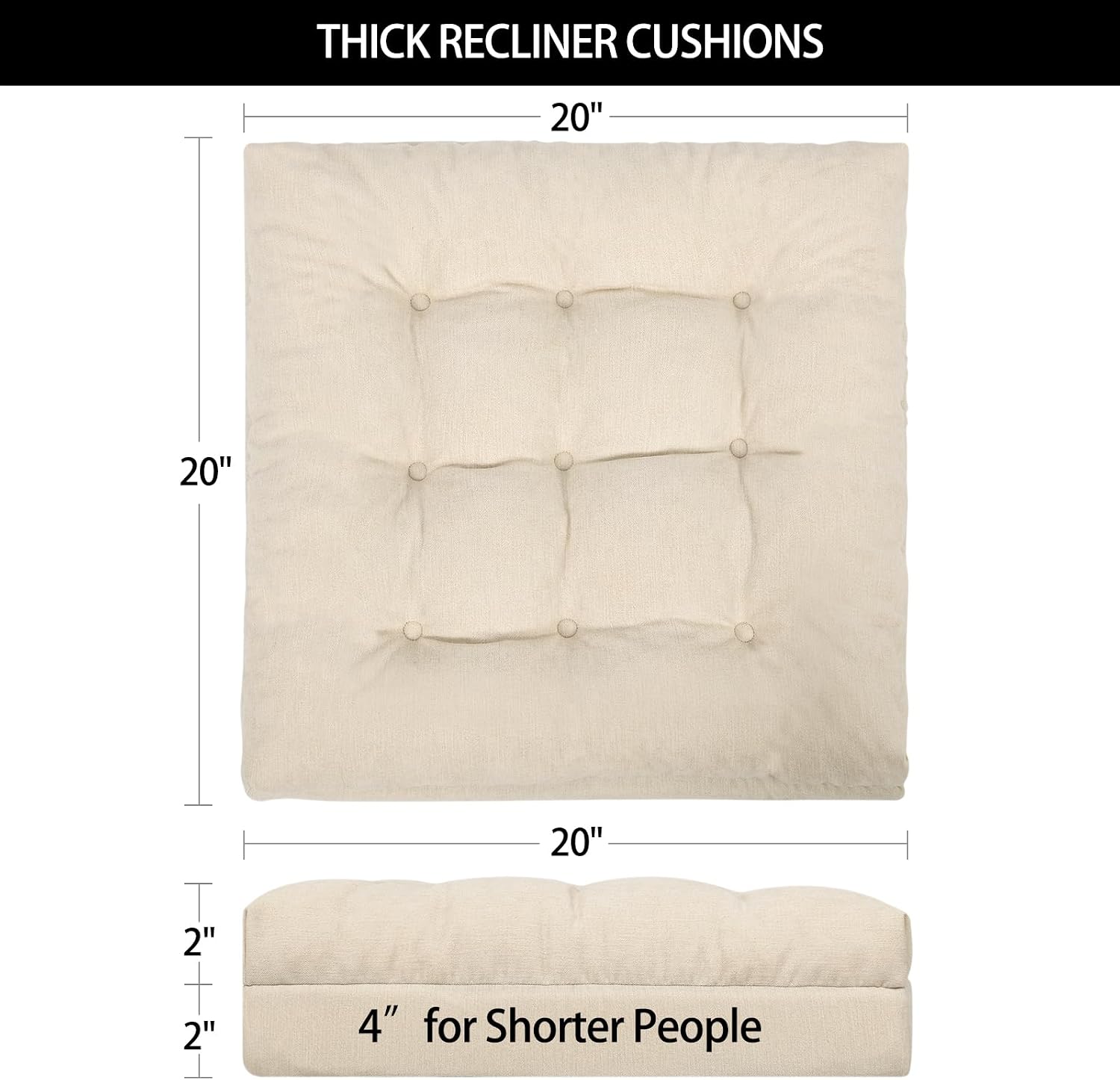 Recliner Cushions for Elderly, 20x20x4 Inch Thick Chair Cushion for Shorter Users Patent Design Soft Tufted Dual Layer Booster Seat…
