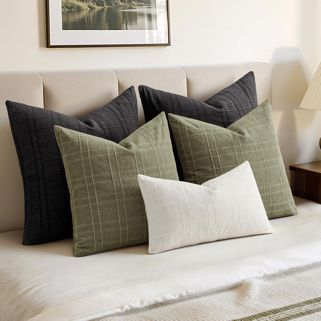 Miulee Decorative Linen Check Throw Pillow Covers Neutral Farmhouse Vintage Spring Pillow Covers 20x20 Set of 2 Boho Modern Home Decor for…