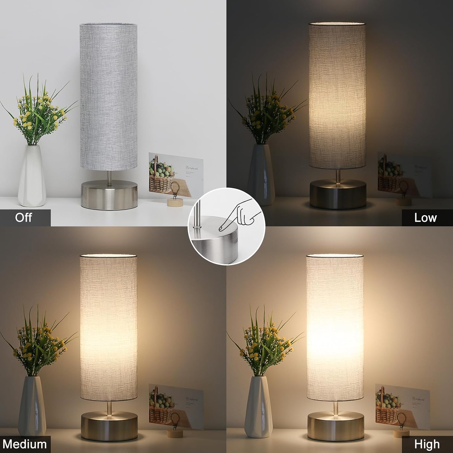 Bedside Touch Lamp, 3 way Touch Control Table Lamp with Silver Base, Modern Gray Nightstand Lamp with Cylinder Shade, Simple Dimmable…