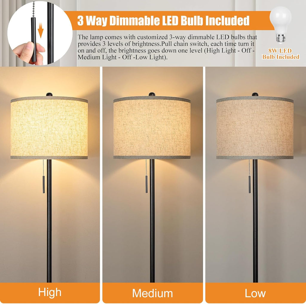Qingmiao Floor Lamp for Living Room, 63in Black Standing Lamp, 3-Way Dimmable Floor Lamp for Bedroom, Tall Lamp with White Linen Shade…