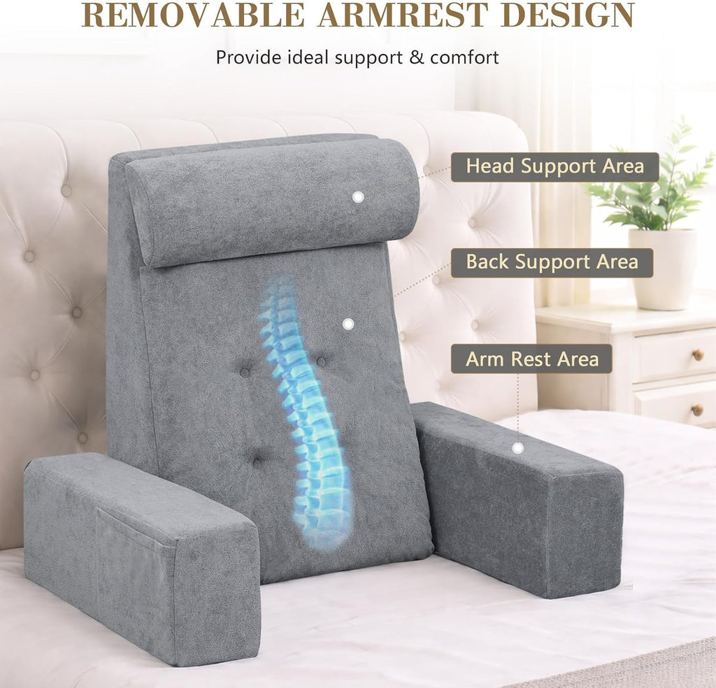 Bed Pillow for Sitting Up in Bed, 25” Ergonomic Reading Pillow with Adjustable Headrest & Arms, Dual Layer Memory Foam Back Pillow, Soft…