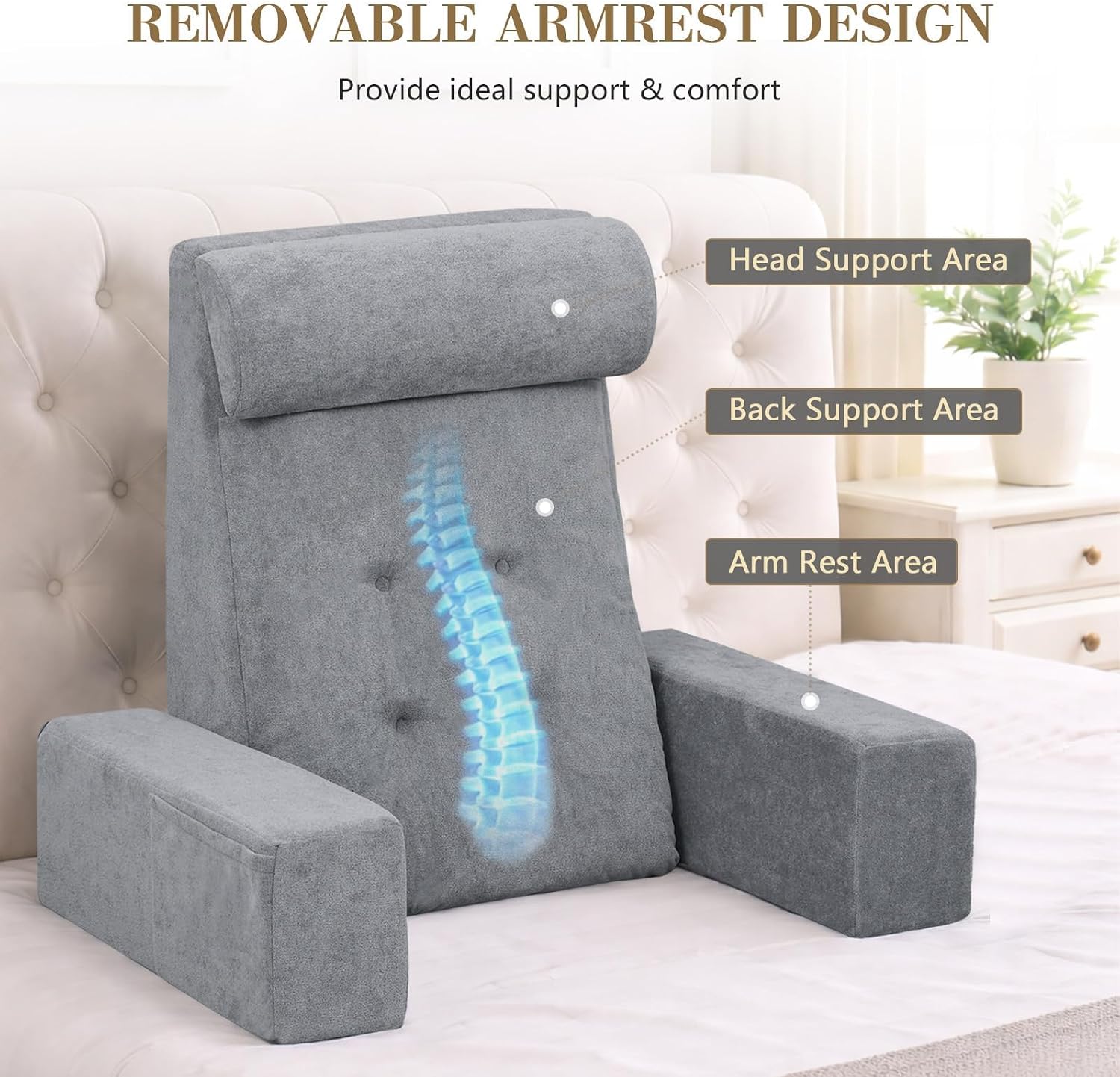 Bed Pillow for Sitting Up in Bed, 25” Ergonomic Reading Pillow with Adjustable Headrest & Arms, Dual Layer Memory Foam Back Pillow, Soft…