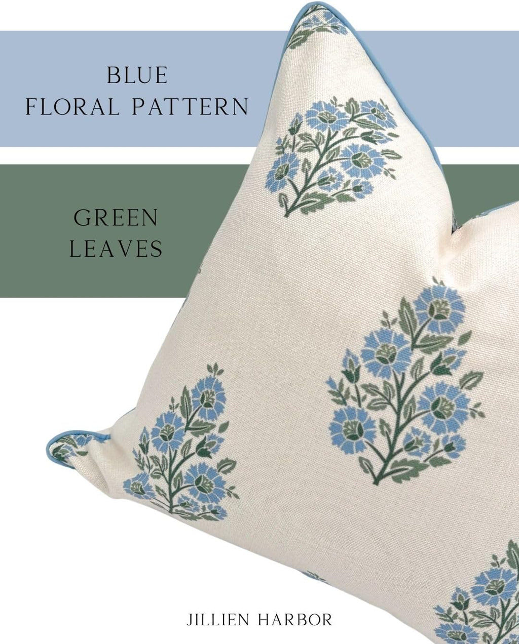 Jillien Harbor “The Camille” Floral Block Print Pillow Cover – Soft Blue and White Decorative Throw Pillow Cover – Grandmillennial Home…