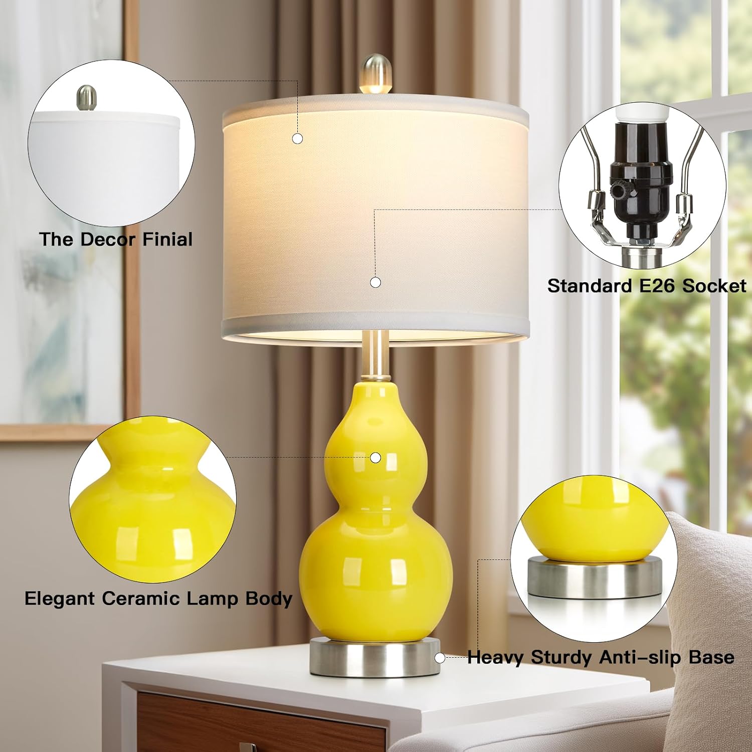 Rinweey Double Gourd Ceramic Table Lamps Set of 2, Modern Yellow Bedside Lamps for Night Stand, Contemporary Nightstand Lamps for Bedroom…