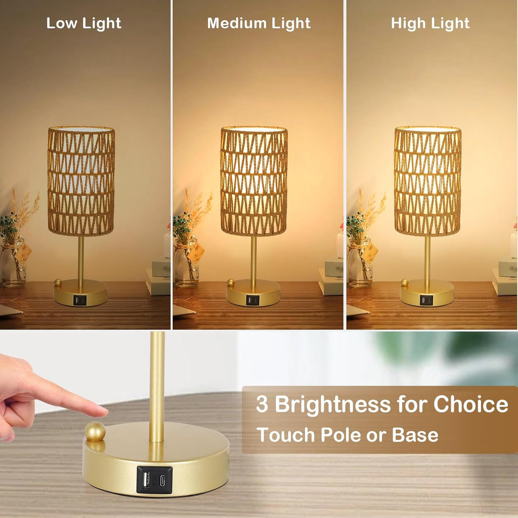 Gold Table Lamp for Bedroom with Bulb, Small Touch Control Table Lamp for Living Room with Rattan & Linen Shade, 3 Way Dimmable Bedside…