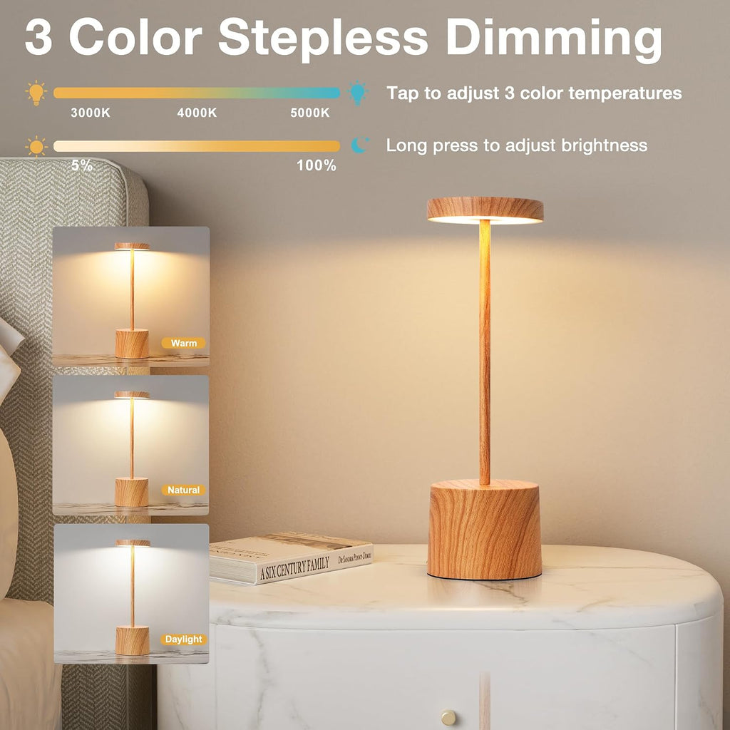 Kakanuo Wooden Rechargeable Cordless Lamp - Touch Control, 3 Color Temperature, LED Outdoor Wireless Lamp, Battery Operated Lamps…